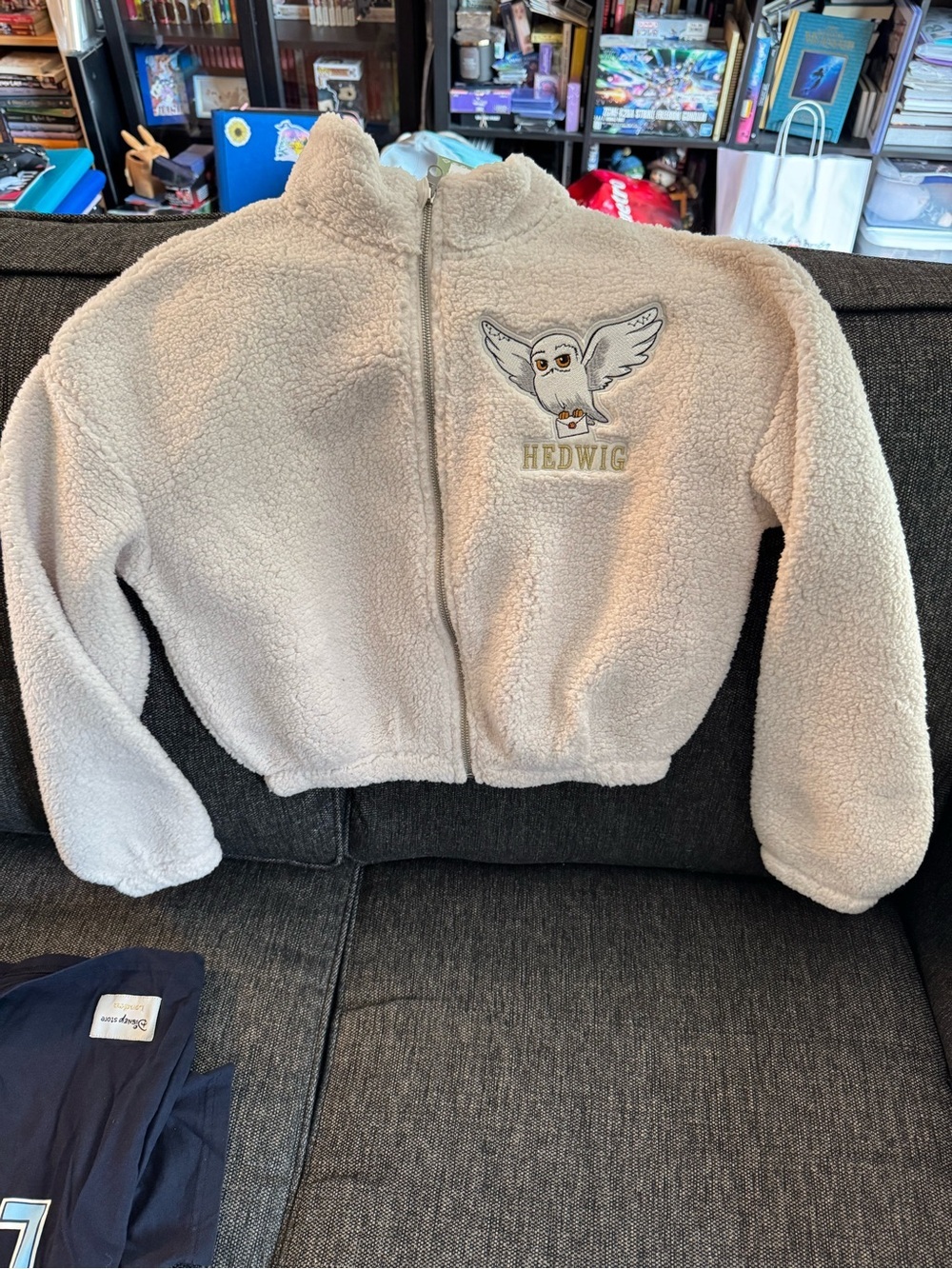 H&M Cream Sherpa Zip Jacket with Embroidered Owl Detail
